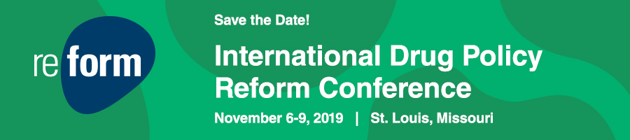 green banner that reads: International Drug Policy Reform Conference November 6-9, 2019 St. Louis, Missouri