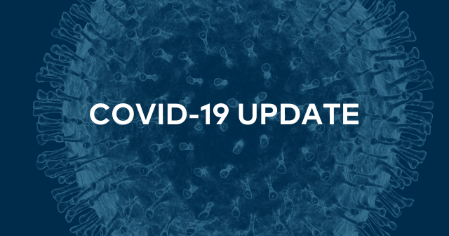 Blue image with a generated image of the coronavirus, with "COVID-19 UPDATE" written over the image
